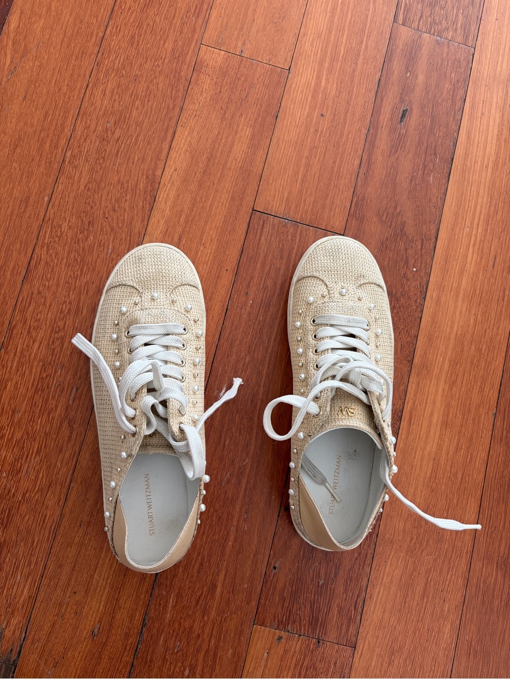 Stuart Weitzman Beige Pearl-Embellished Lace-Up Sneaker